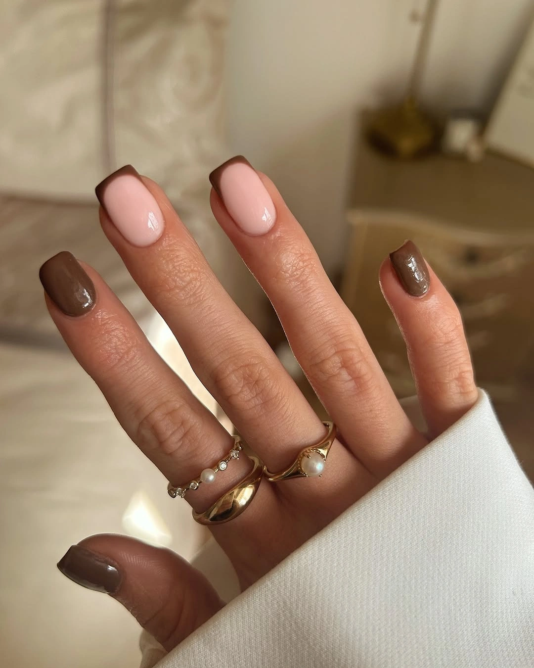 September nail designs 2026 Soft Brown Square Nails With Cream Plaid Detail
