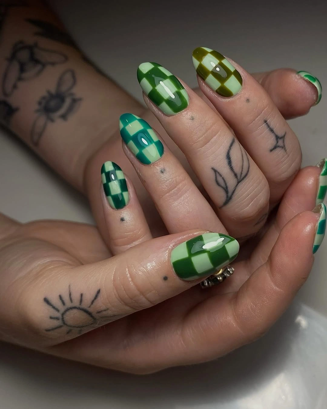 September nail designs 2026 Green Checkerboard Nails With Mixed Square Blocks