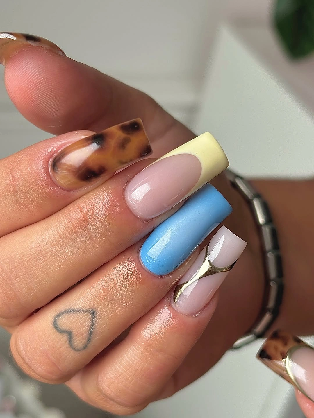 September nail designs 2026 Pastel Square Nails With Tortoise And Blue Blocks