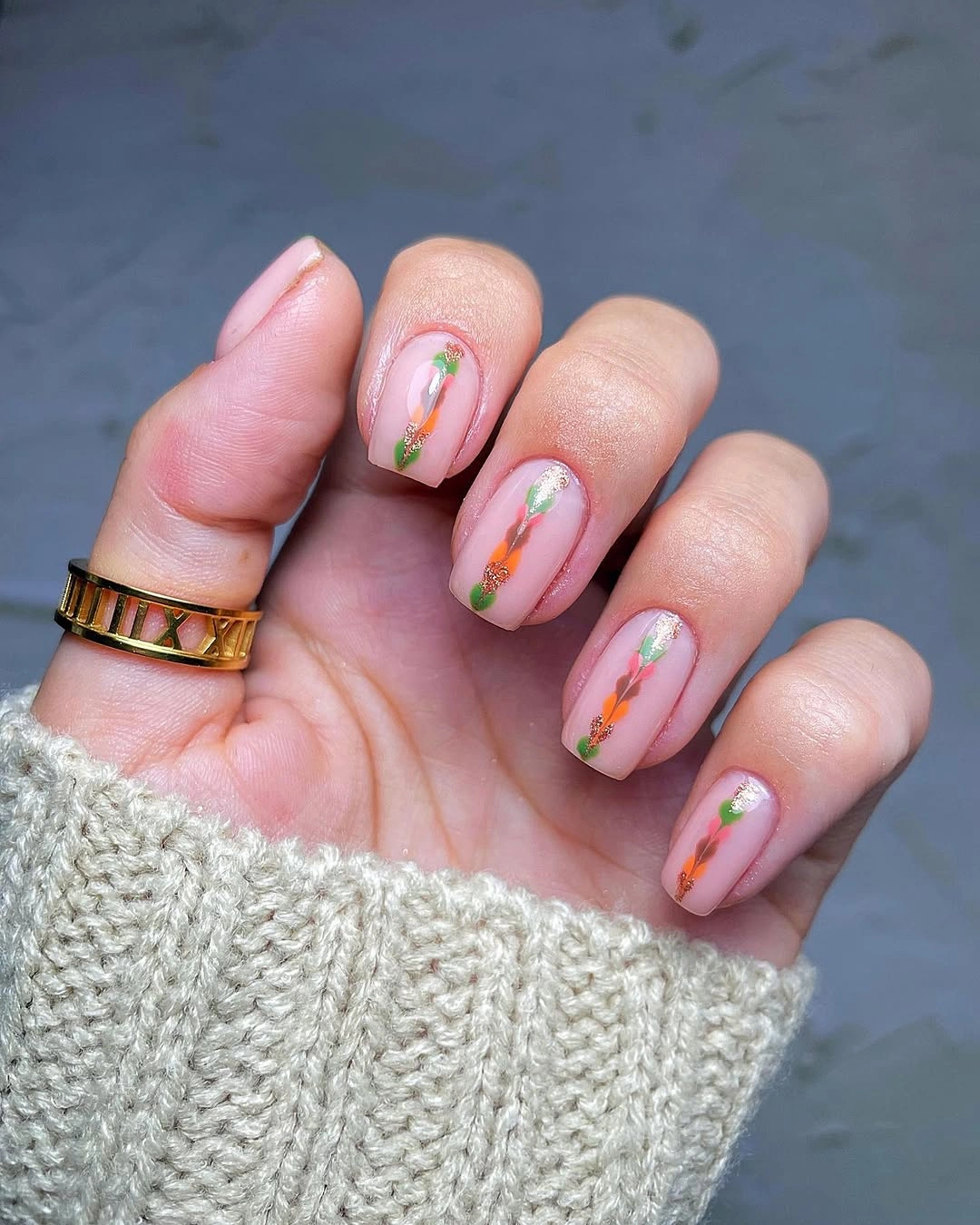 September nails color 2026 Sheer Pink Short Nails With Tiny Green Florals