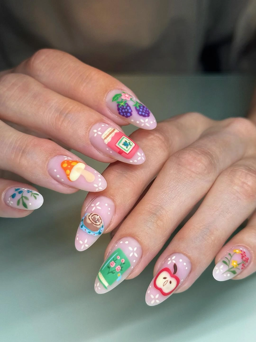 September nails color 2026 Playful Almond Nails With Fruit And Flower Motifs