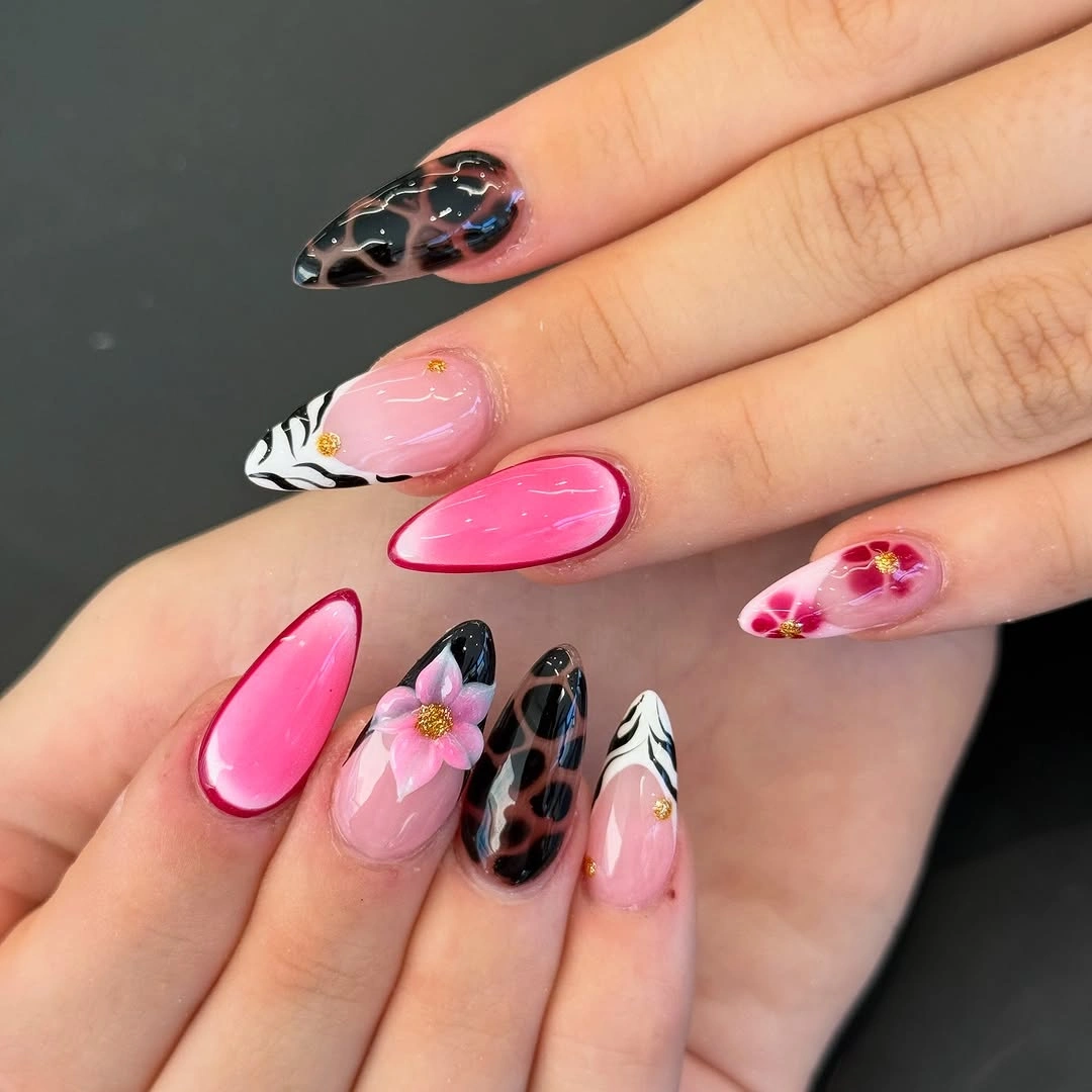 September nails color 2026 Pink And Black Almond Nails With Leopard Mix