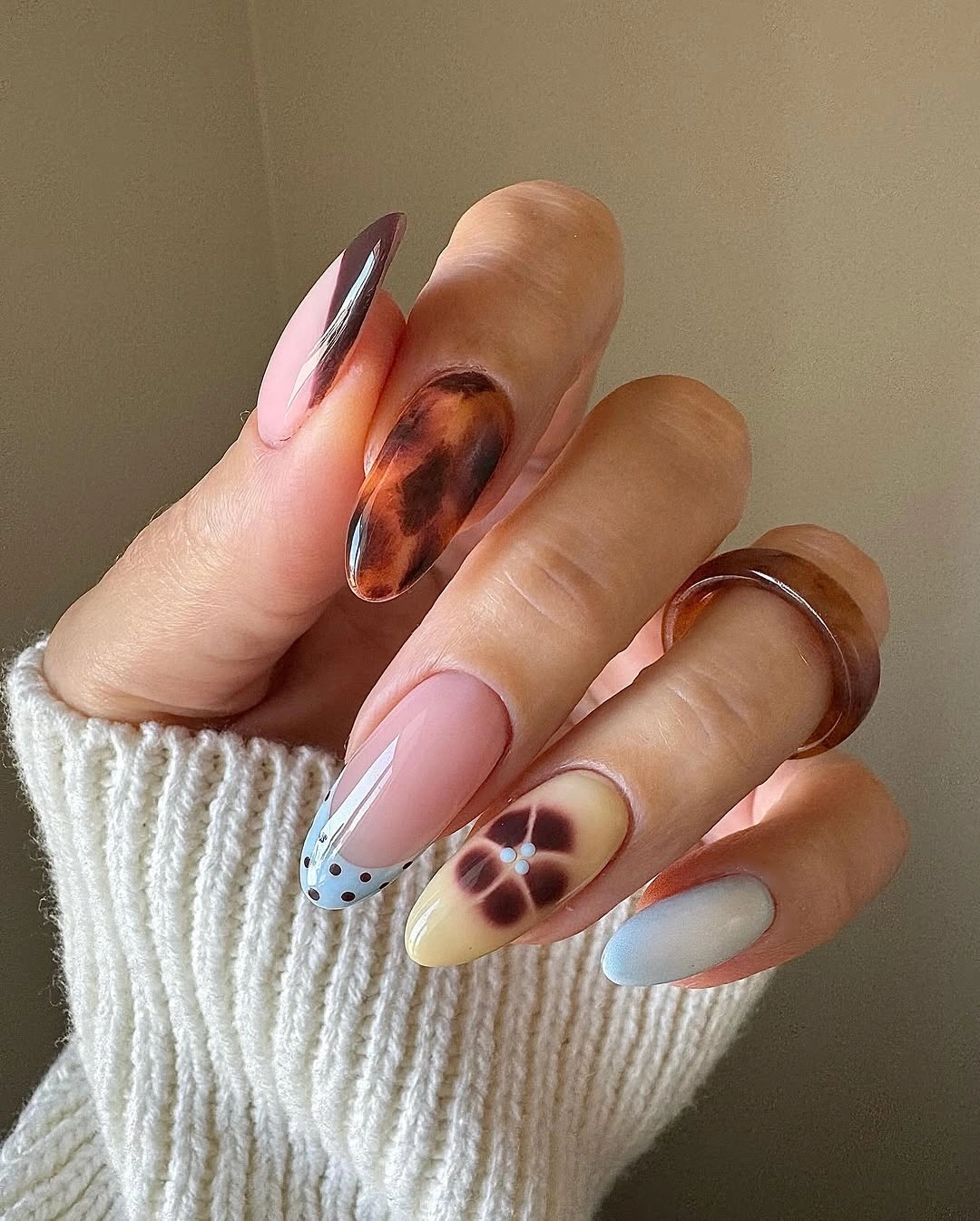 September nails color 2026 Tortoise Accent Nails With Pastel Almond Color