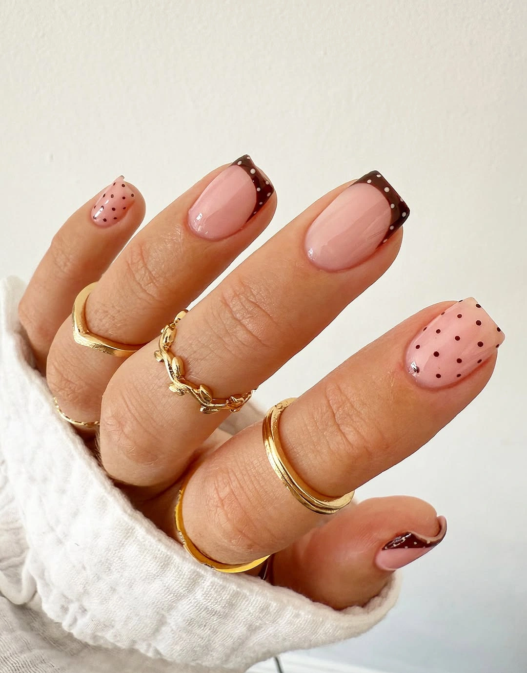 September nails color 2026 Brown French Square Nails With Tiny Dot Details