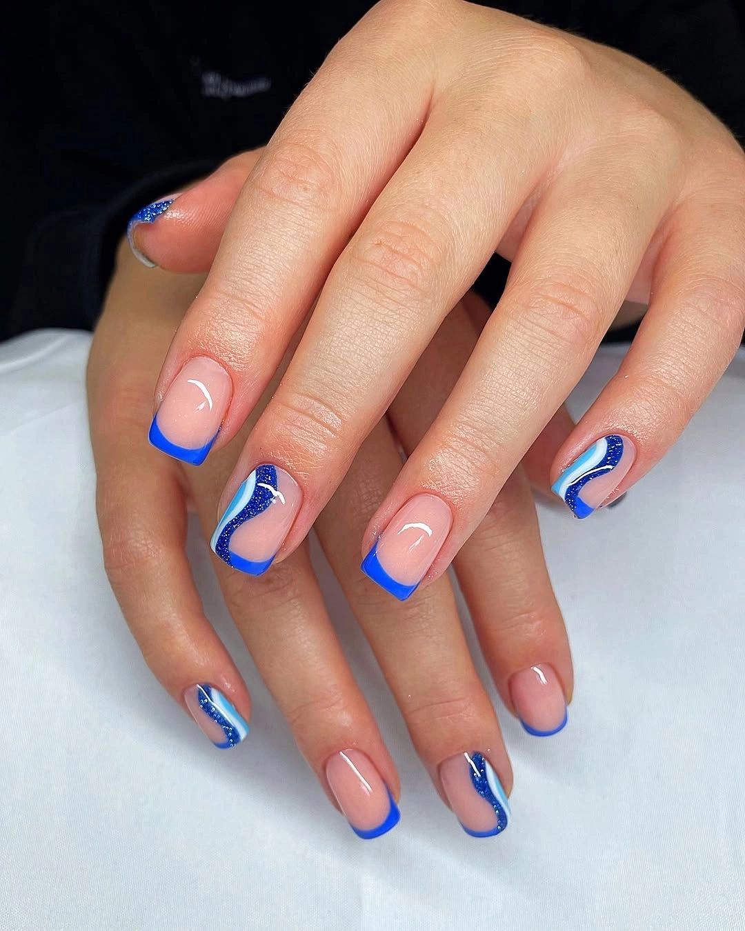 September nails color 2026 Cobalt Blue Wave Tips On Sheer Short Nails