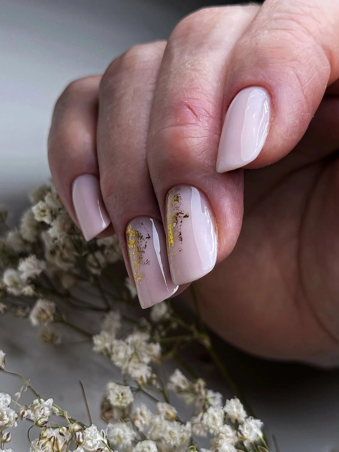 September nails color 2026 Soft Pink Square Nails With Gold Fleck Details