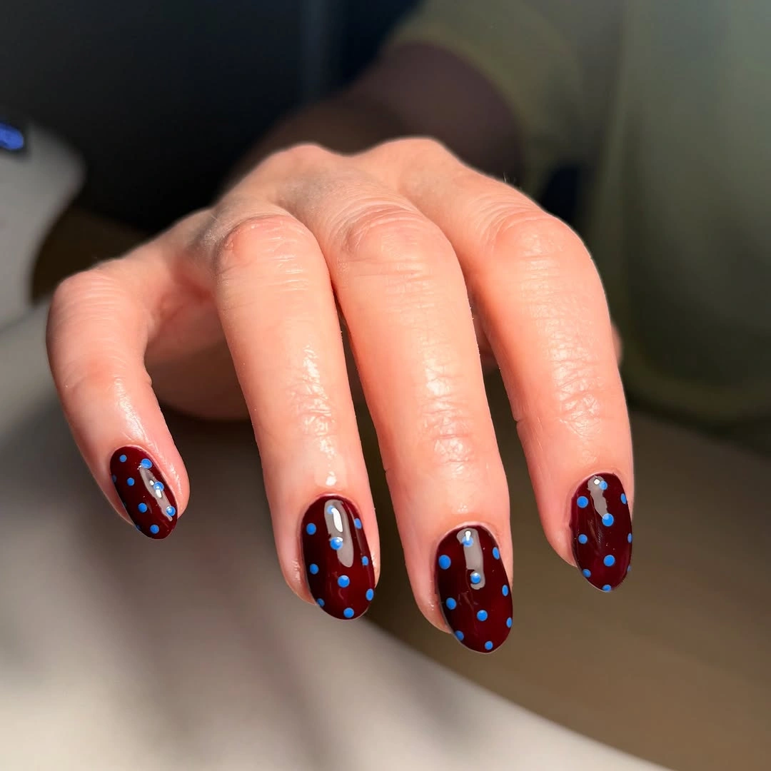 September nails color 2026 Navy Short Nails With Bright Red And Blue Dots