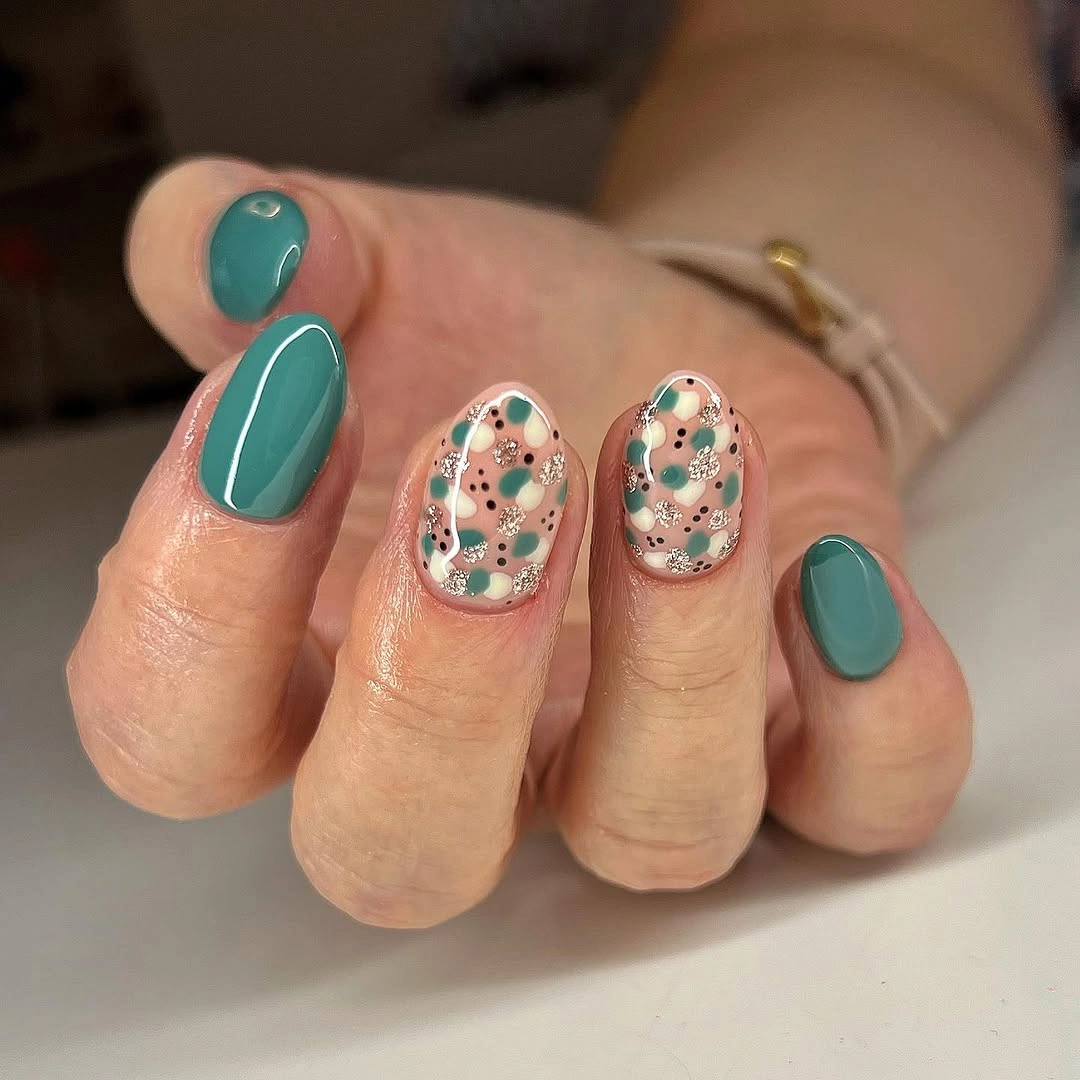 September nails color 2026 Teal Short Nails With Confetti Floral Accents