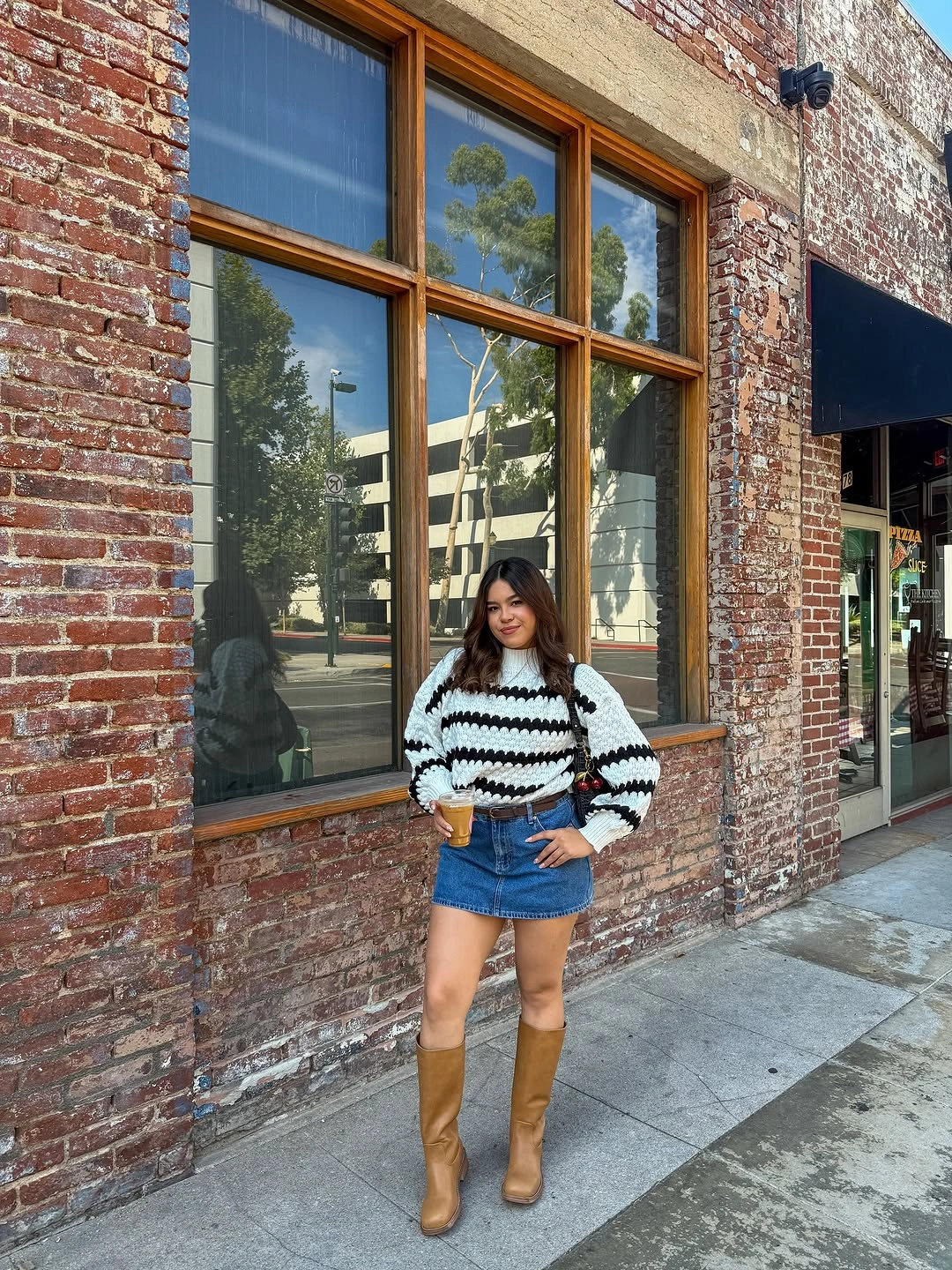 September outfits ideas 2026 Striped Sweater With Denim Mini And Boots