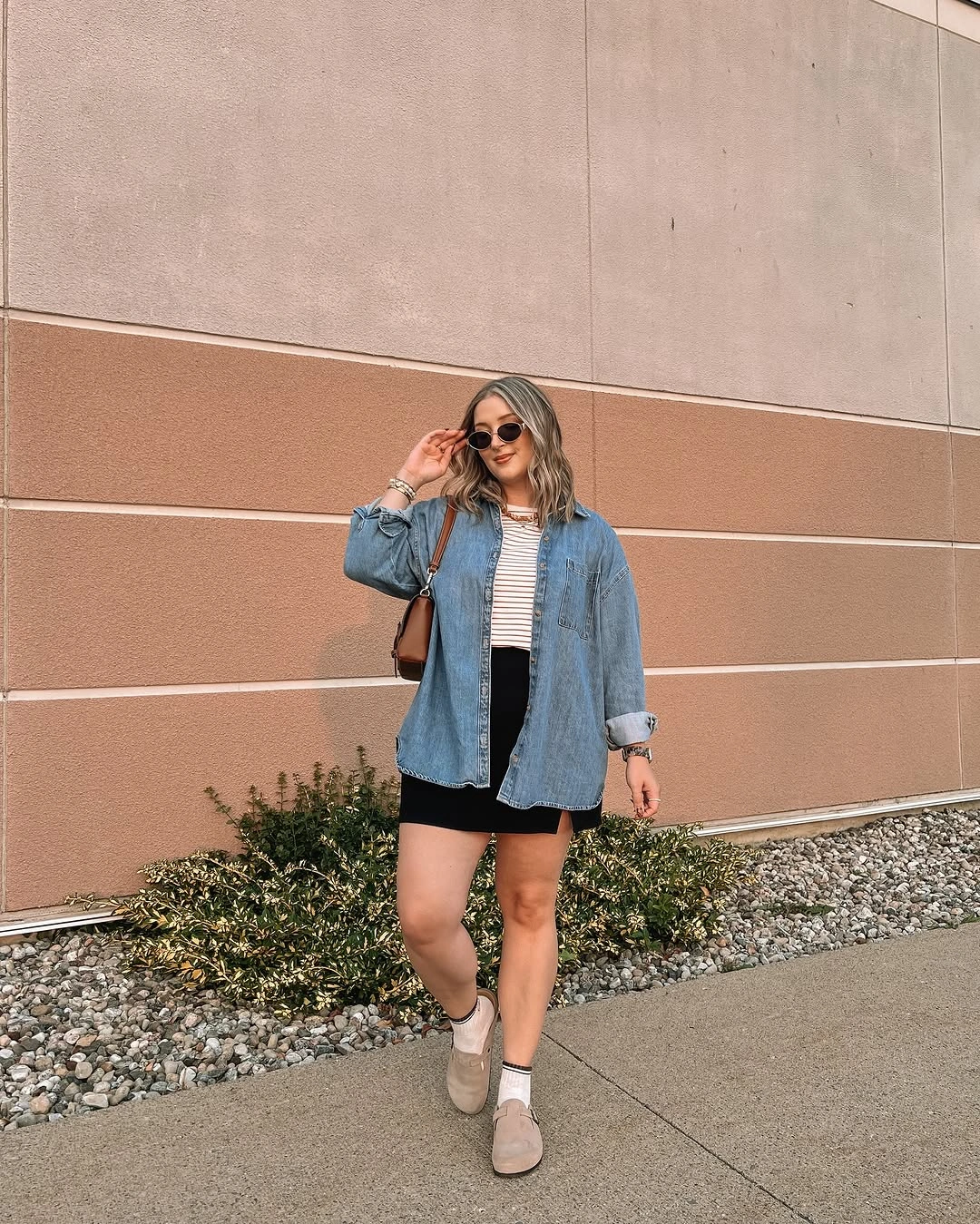 September outfits ideas 2026 Denim Shirt Jacket With Black Mini Dress