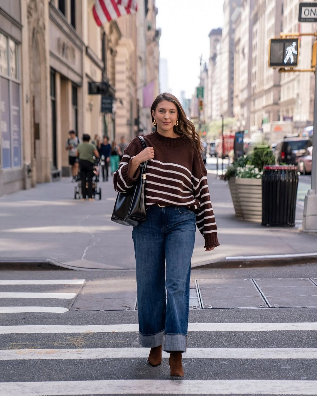 September outfits ideas 2026 Brown Striped Sweater With Cropped Denim