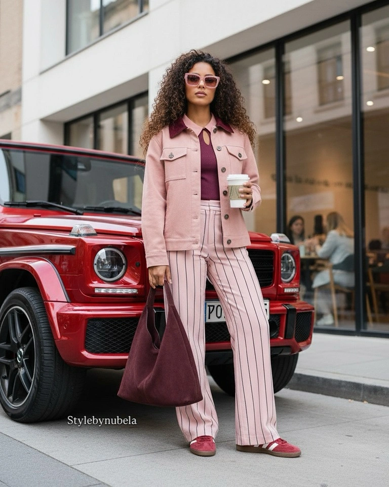 September outfits ideas 2026 Pink Pinstripe Suit With Wide Leg Trousers