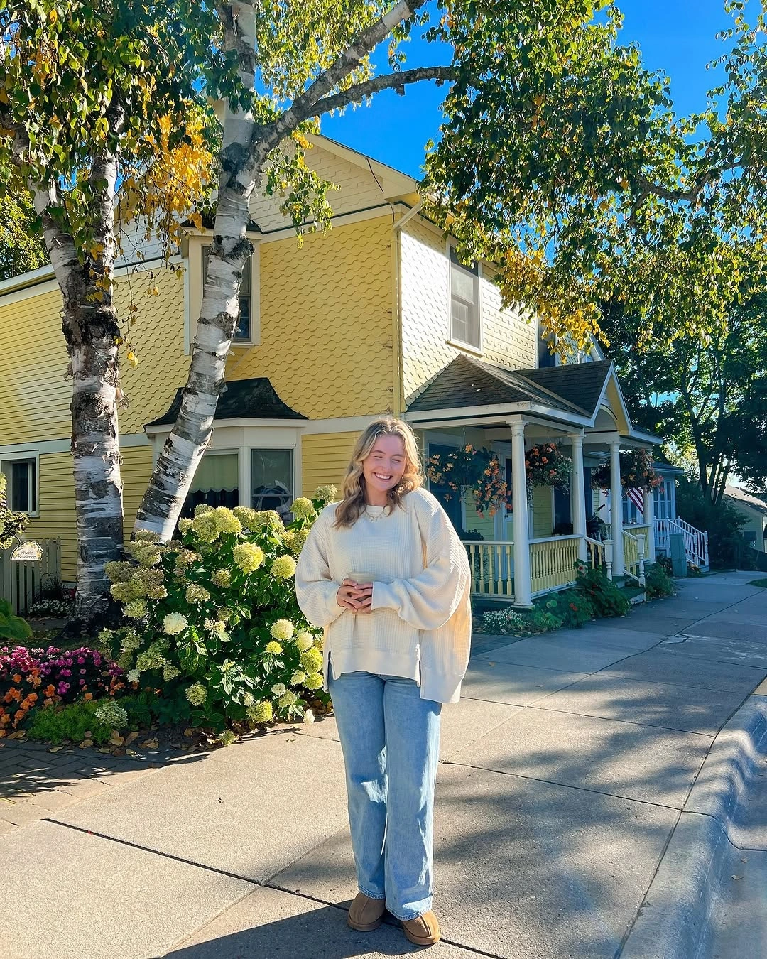 September outfits ideas 2026 Cream Sweater With Straight Denim