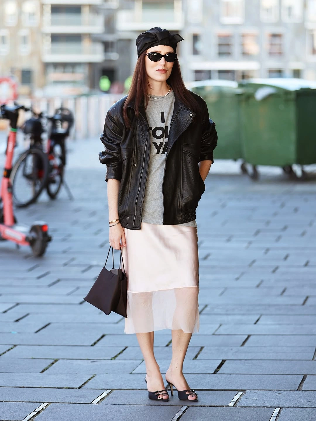 September outfits ideas 2026 Black Leather Jacket With White Midi Skirt