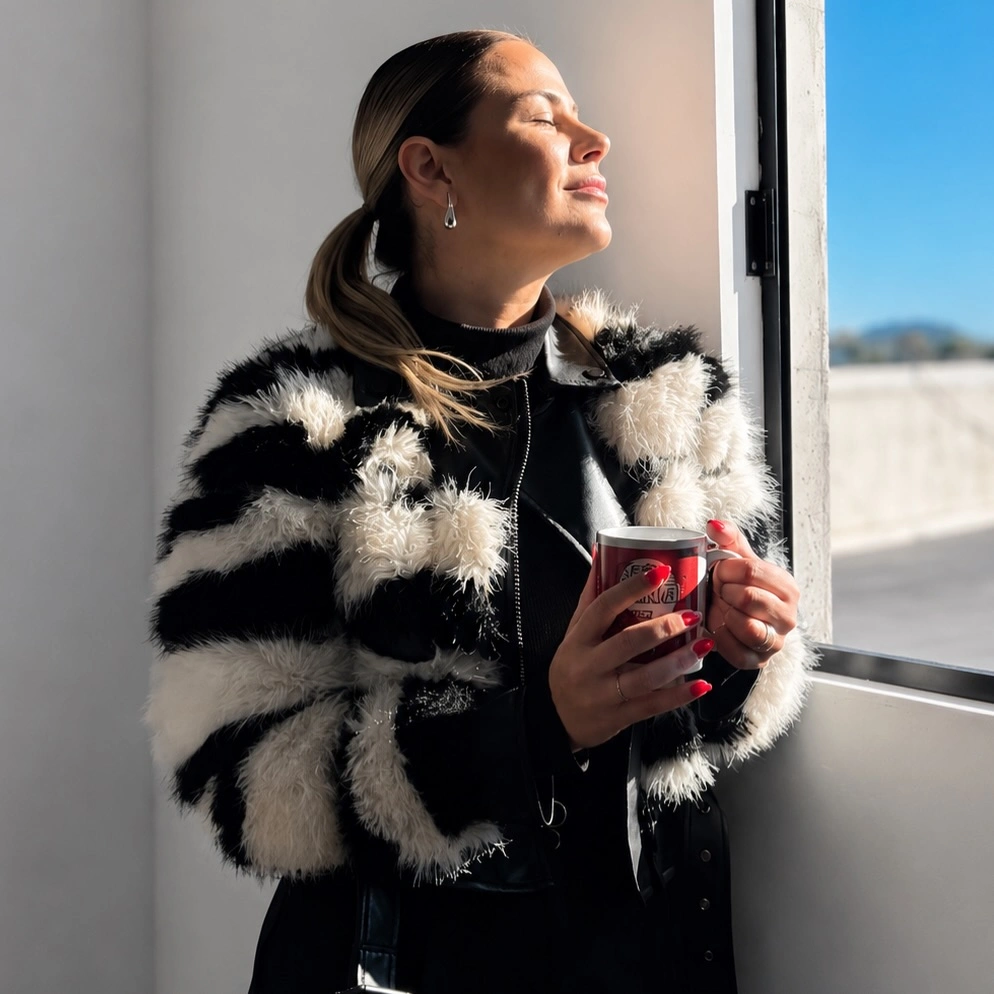 shaggy jacket Graphic Black and White Layers with Modern Edge