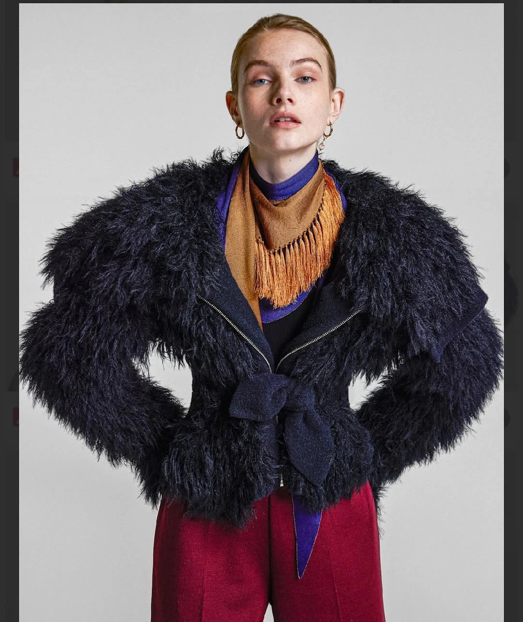 shaggy jacket Modern Editorial Drama in a Black Textured Jacket