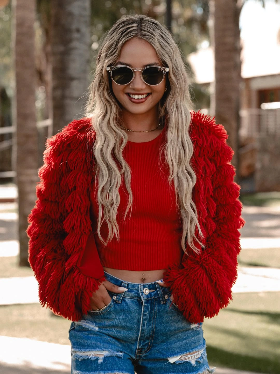 shaggy jacket Bold Red Texture That Instantly Brightens Casual Denim