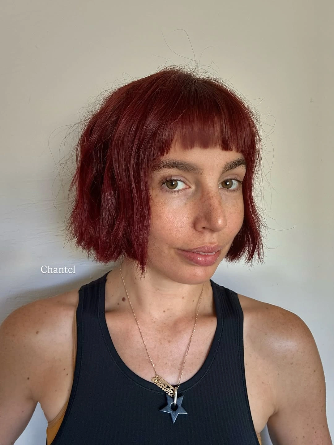 short bobbed hairstyle Textured Copper Bob with Micro Bangs