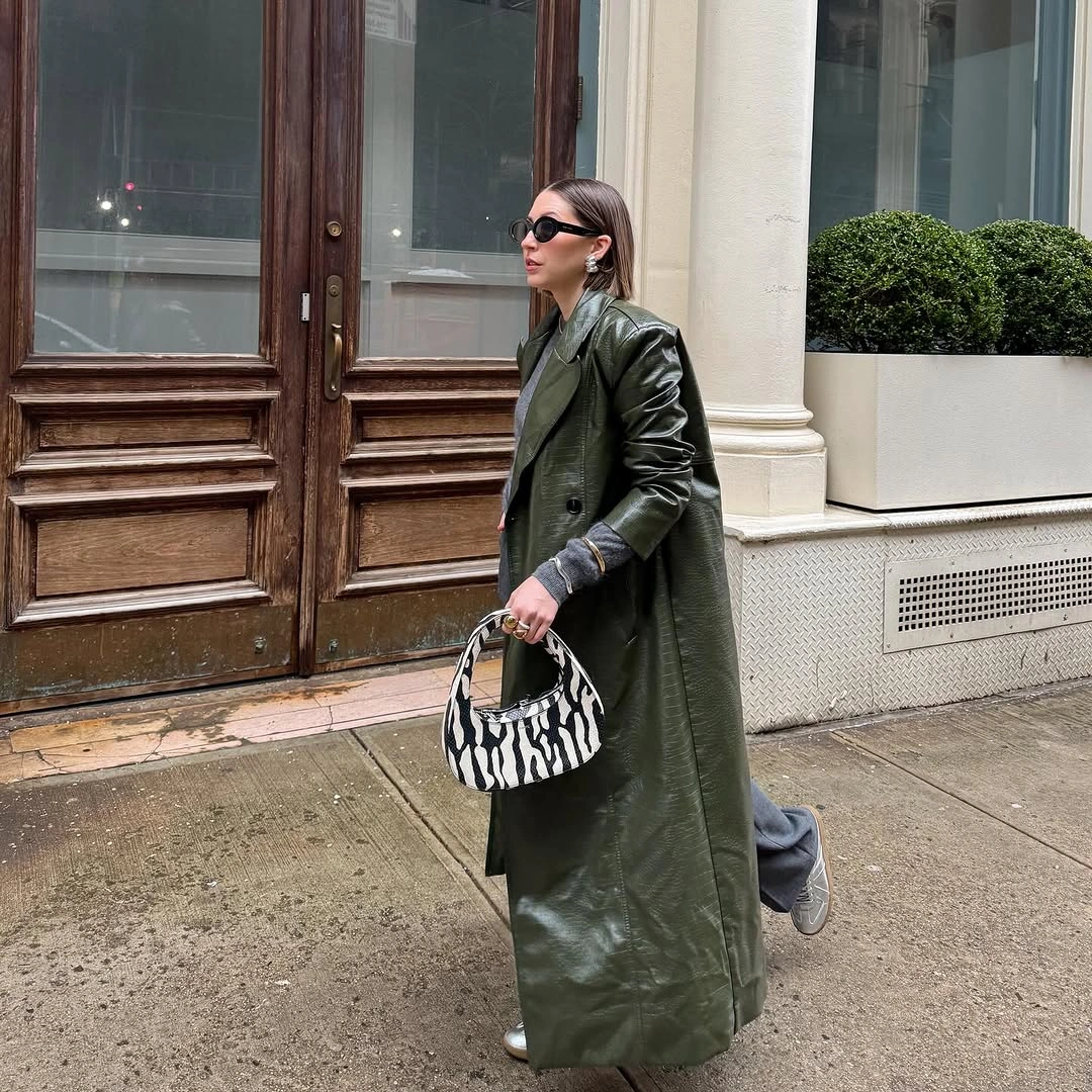 Trench coat fall outfits 2026 Olive Leather Trench with Contemporary Street Style