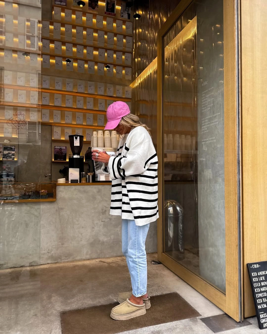 what are the best fall outfits for casual days? Striped Knit and Pink Cap for Coffee Run Comfort