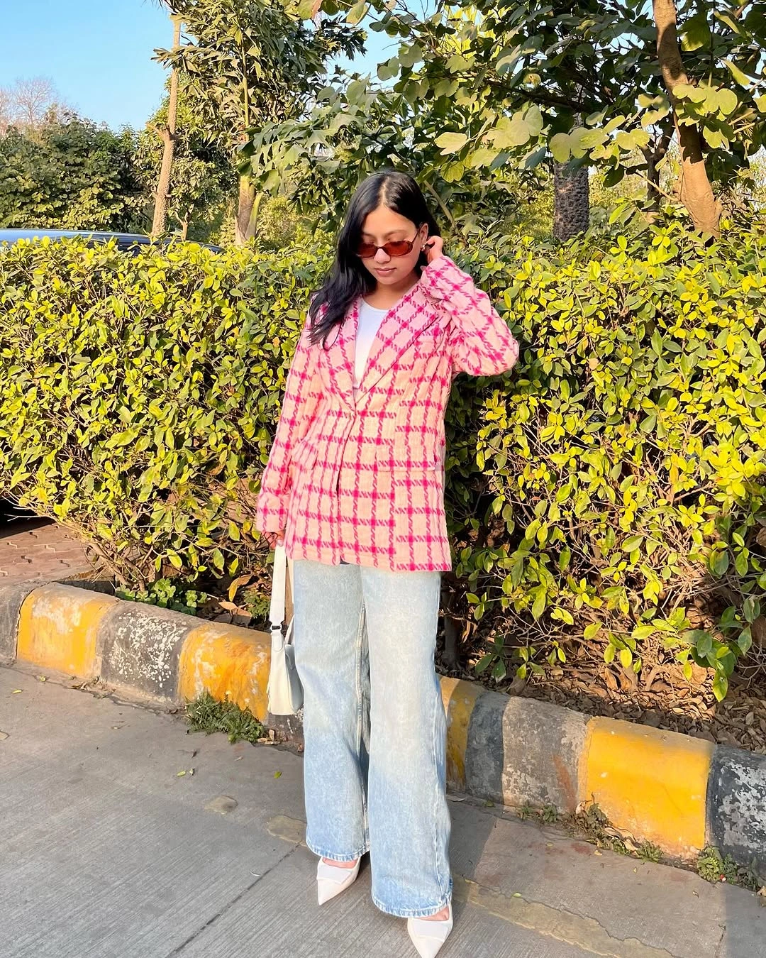 what are the best fall outfits for casual days? Playful Pink Plaid with Relaxed Denim
