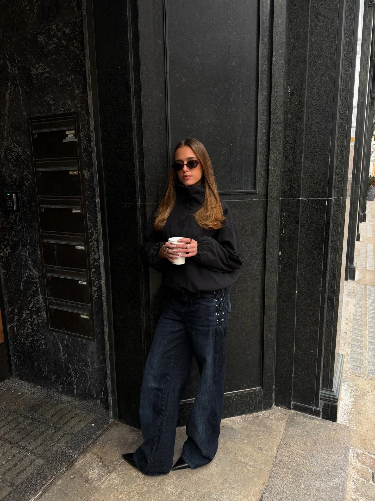 wide leg jeans outfit fall 2026 Minimal Black Layers With Dark Wide-Leg Denim