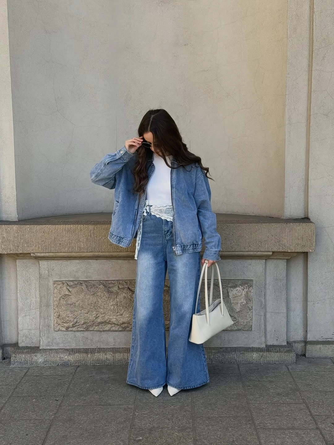wide leg jeans outfit fall 2026 Fresh Double Denim With Crisp White Accents