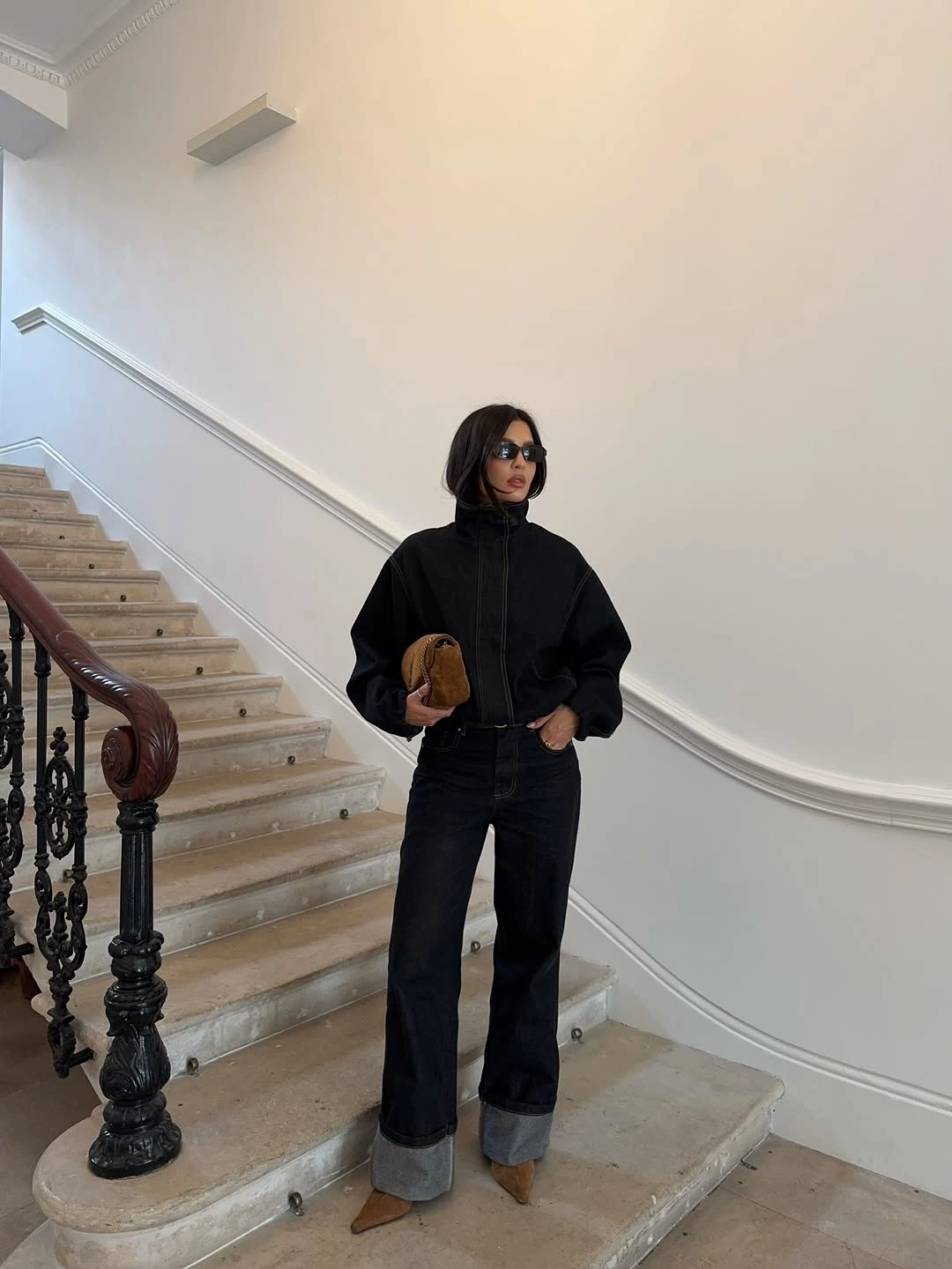 wide leg jeans outfit fall 2026 Dark Denim With Bold Cuffed Hems And Sleek Tailoring