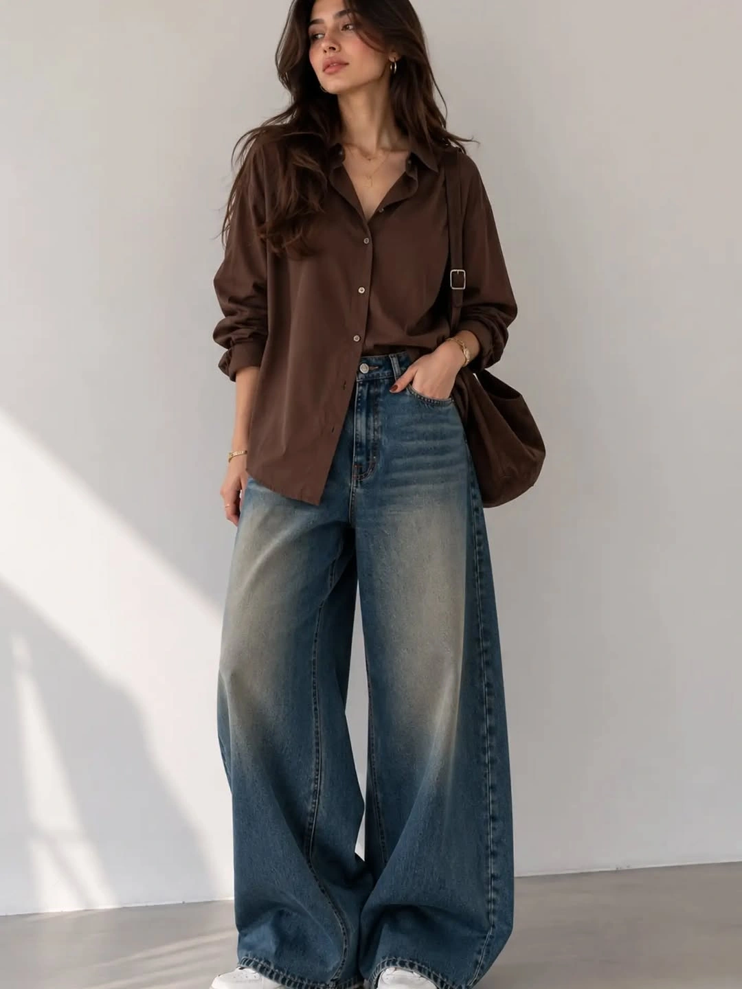 wide leg jeans outfit fall 2026 Chocolate Brown Shirt With Relaxed Wide-Leg Denim