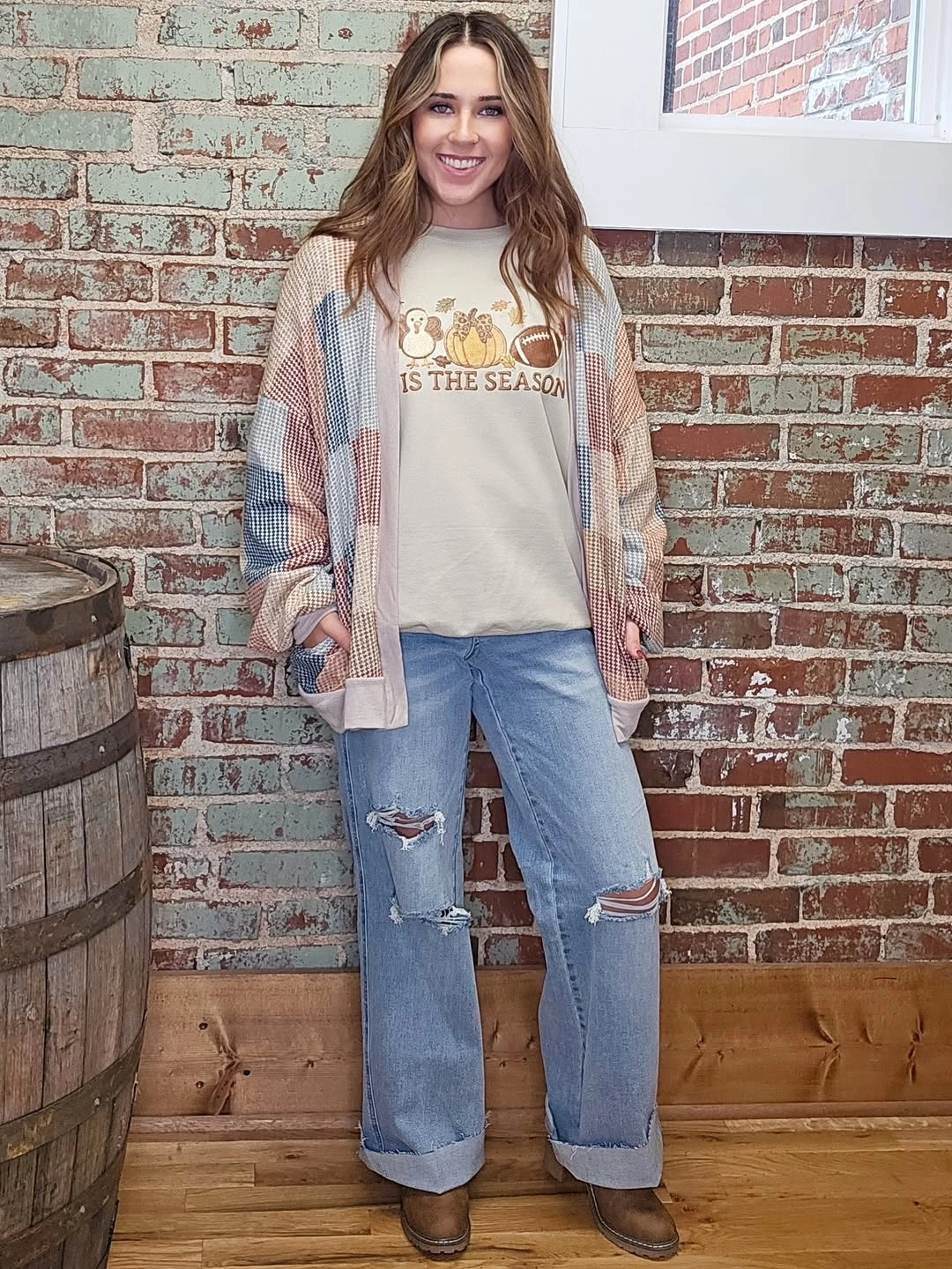 wide leg jeans outfit fall 2026 Cozy Patchwork Cardigan With Relaxed Wide-Leg Denim
