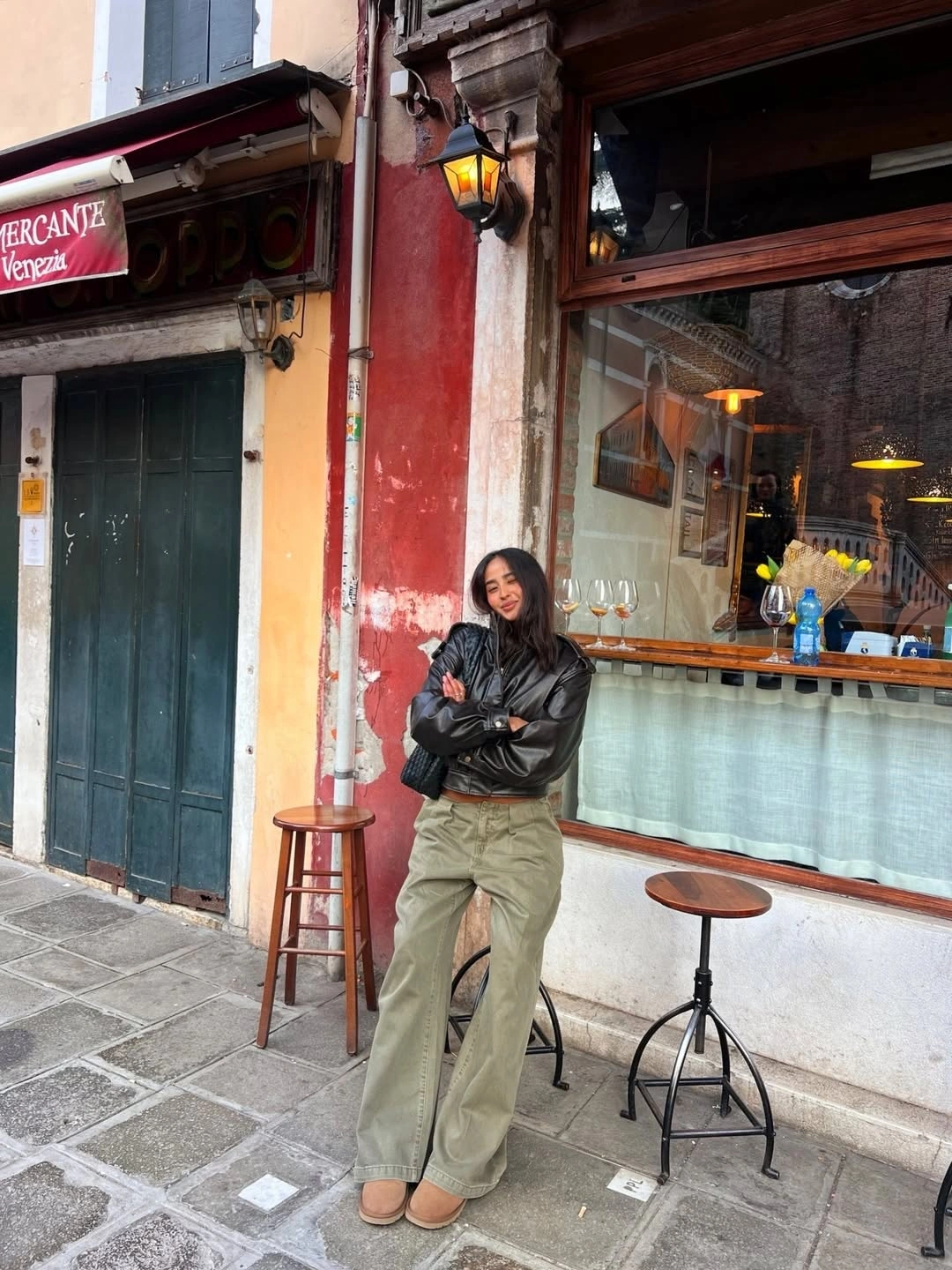 wide leg jeans outfit fall 2026 Leather Jacket And Olive Denim For Relaxed Fall Days