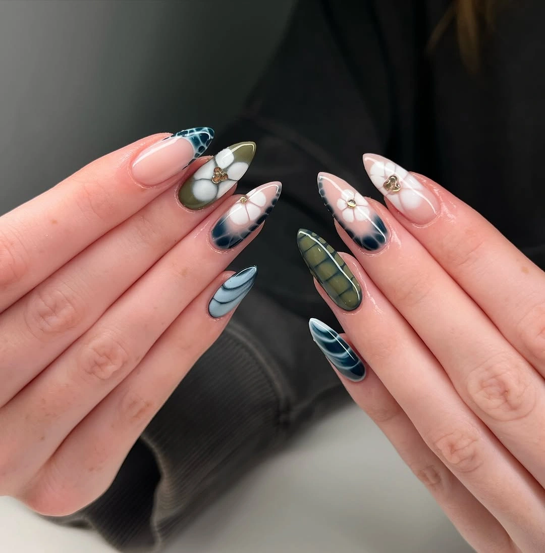 Long almond multicolor geometric plaid autumn nails