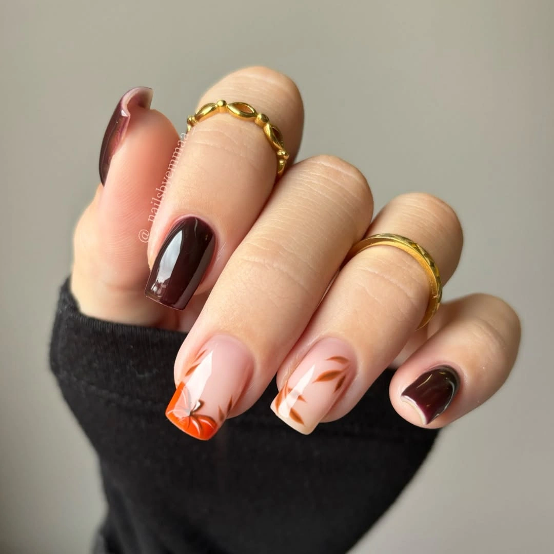 Short square chocolate cream autumn nails with orange lines
