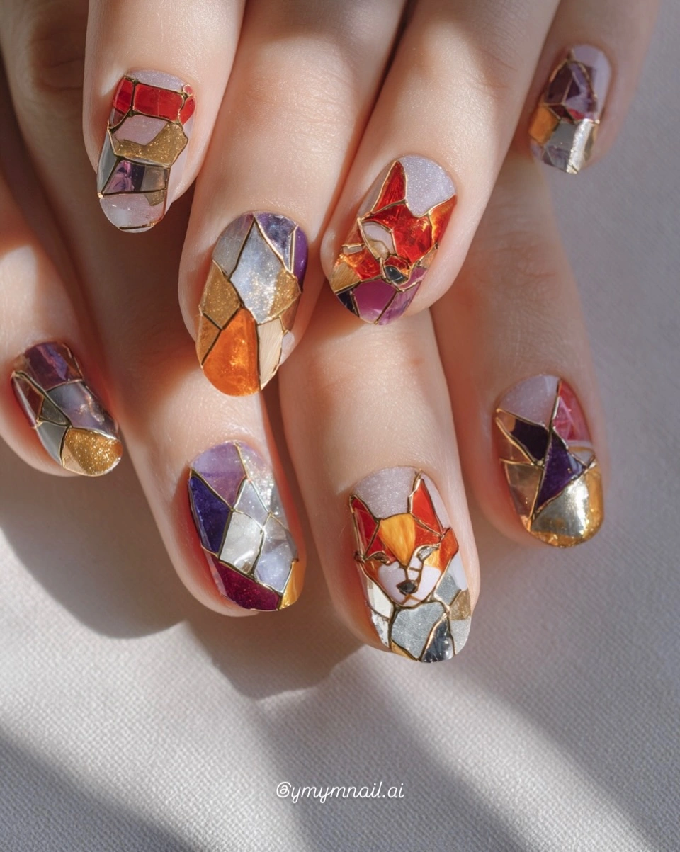Medium almond nude nails with multicolor autumn fragments