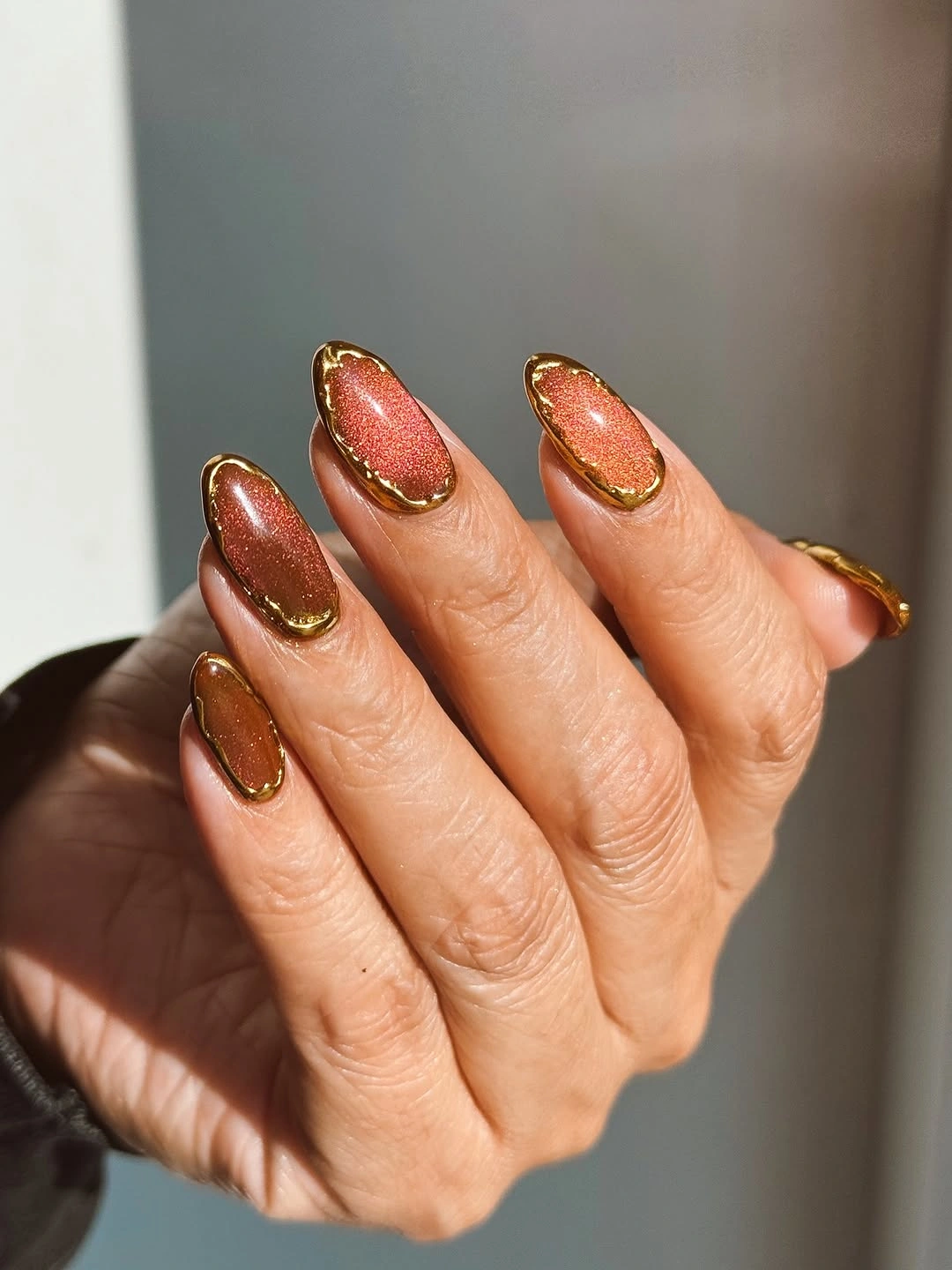 Medium almond copper gold metallic autumn nails
