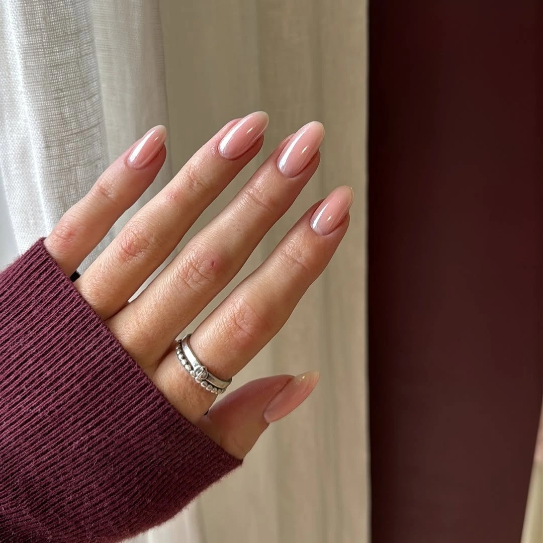 Medium almond blush nude autumn nails with glossy finish