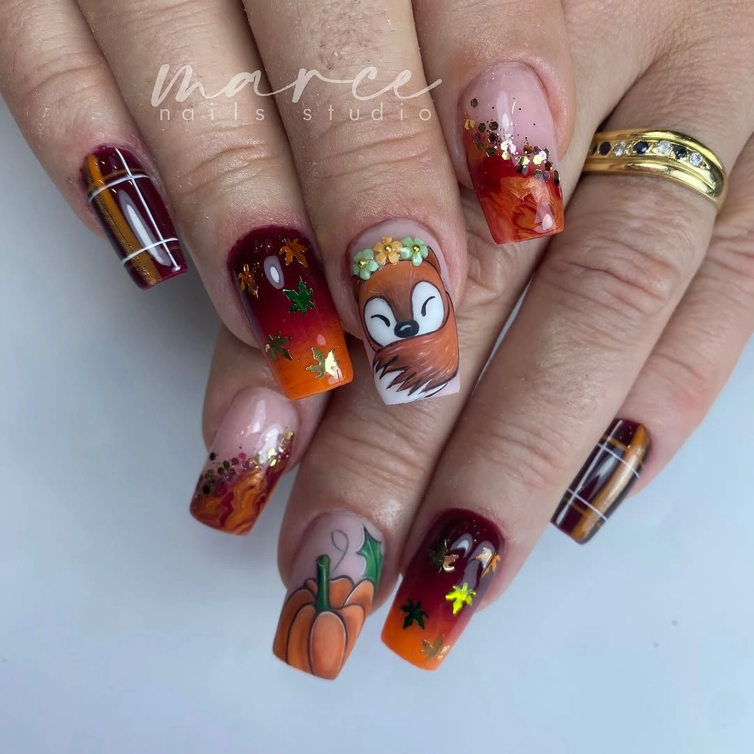 Medium square multicolor illustrated autumn nails