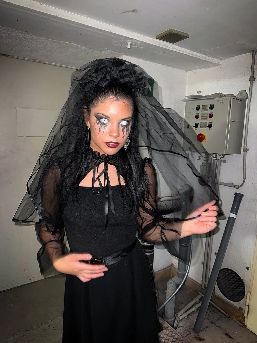 Black veil costume with fitted dark dress silver eye makeup and dark lipstick