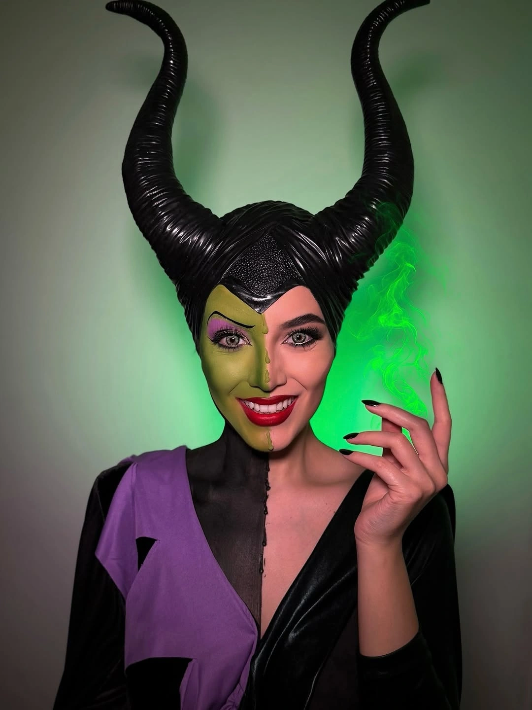 Black horned villain costume with purple structured jacket and dark base layer