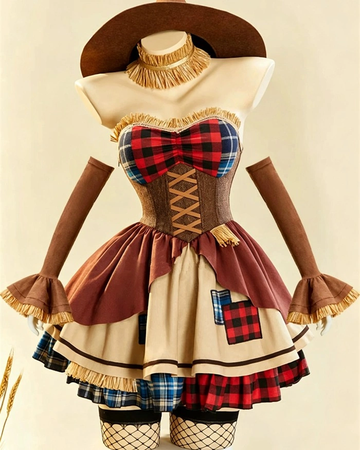 Plaid corset-style doll costume dress with bow and fishnet stockings