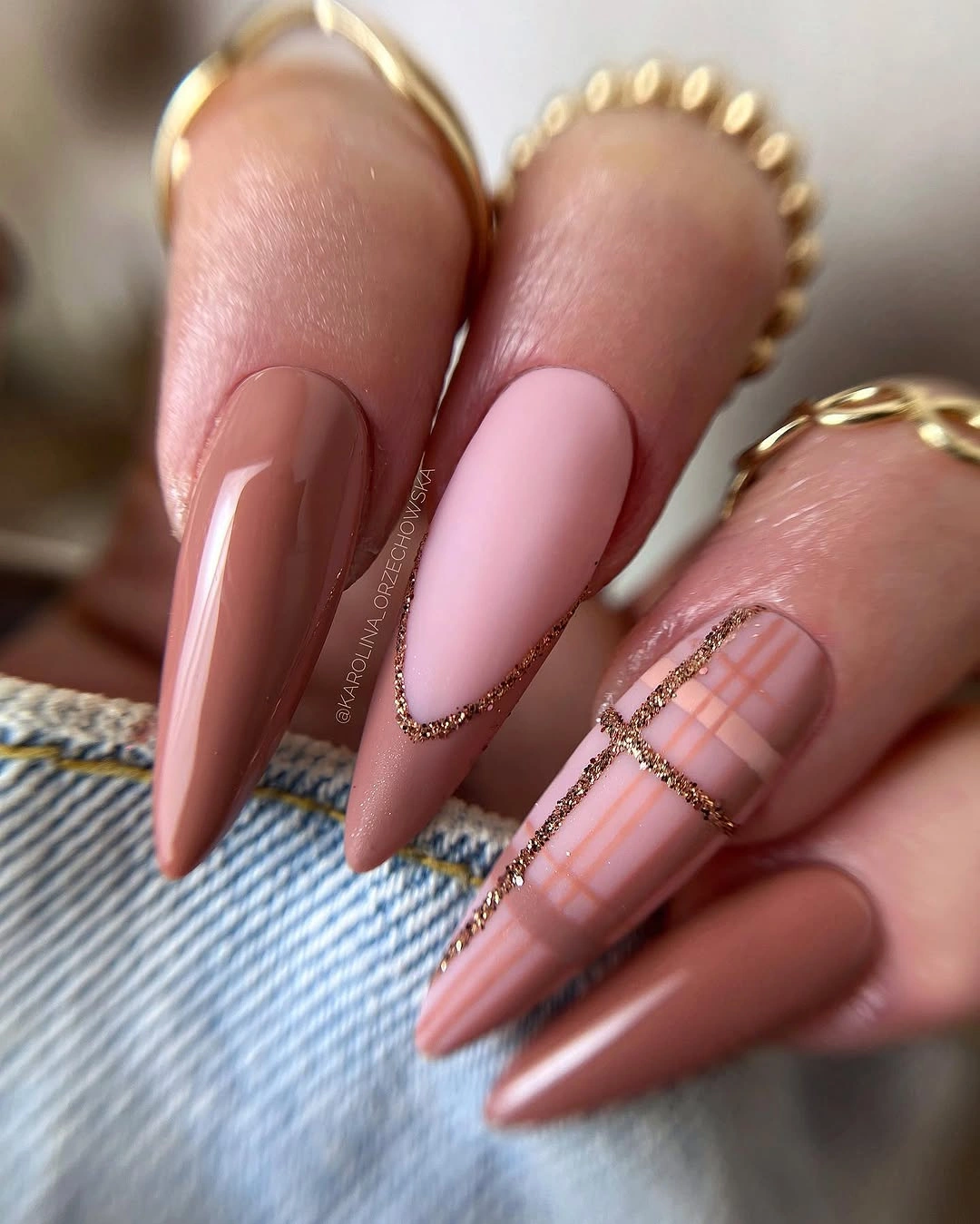 Long almond blush mauve and brown nails with fine linear borders