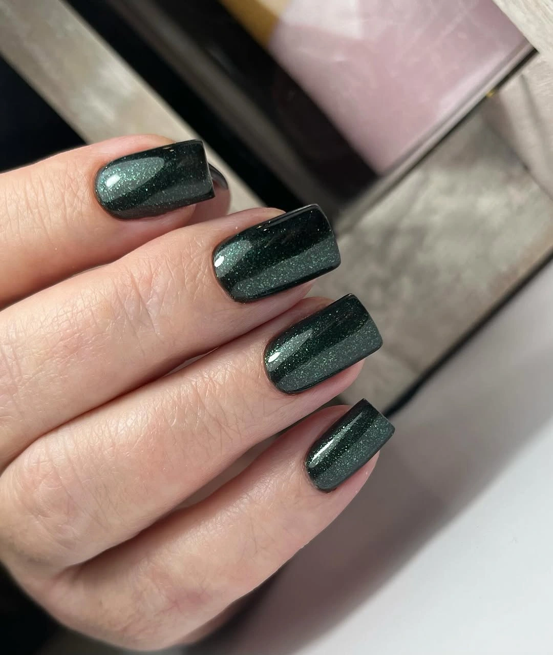 Forest Green Shimmer on Short Square Nails