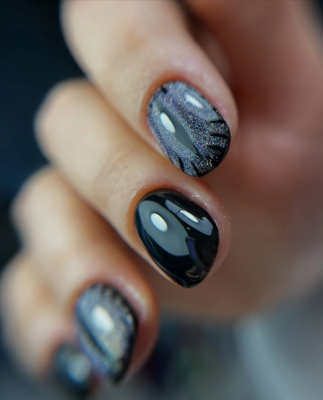 Blue-Black Nails with Metallic Curved Detail