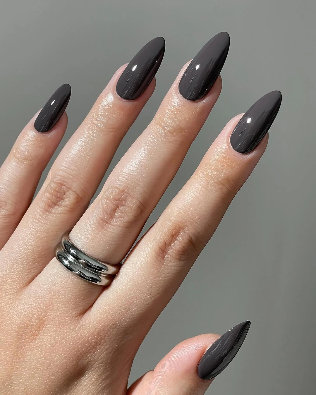 Soft Charcoal Gray on Long Almond Tips