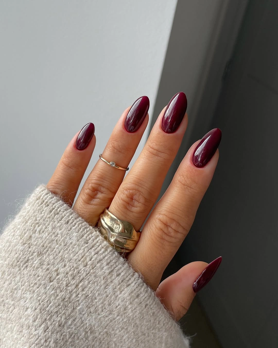 Deep Cherry on Long Almond Nails