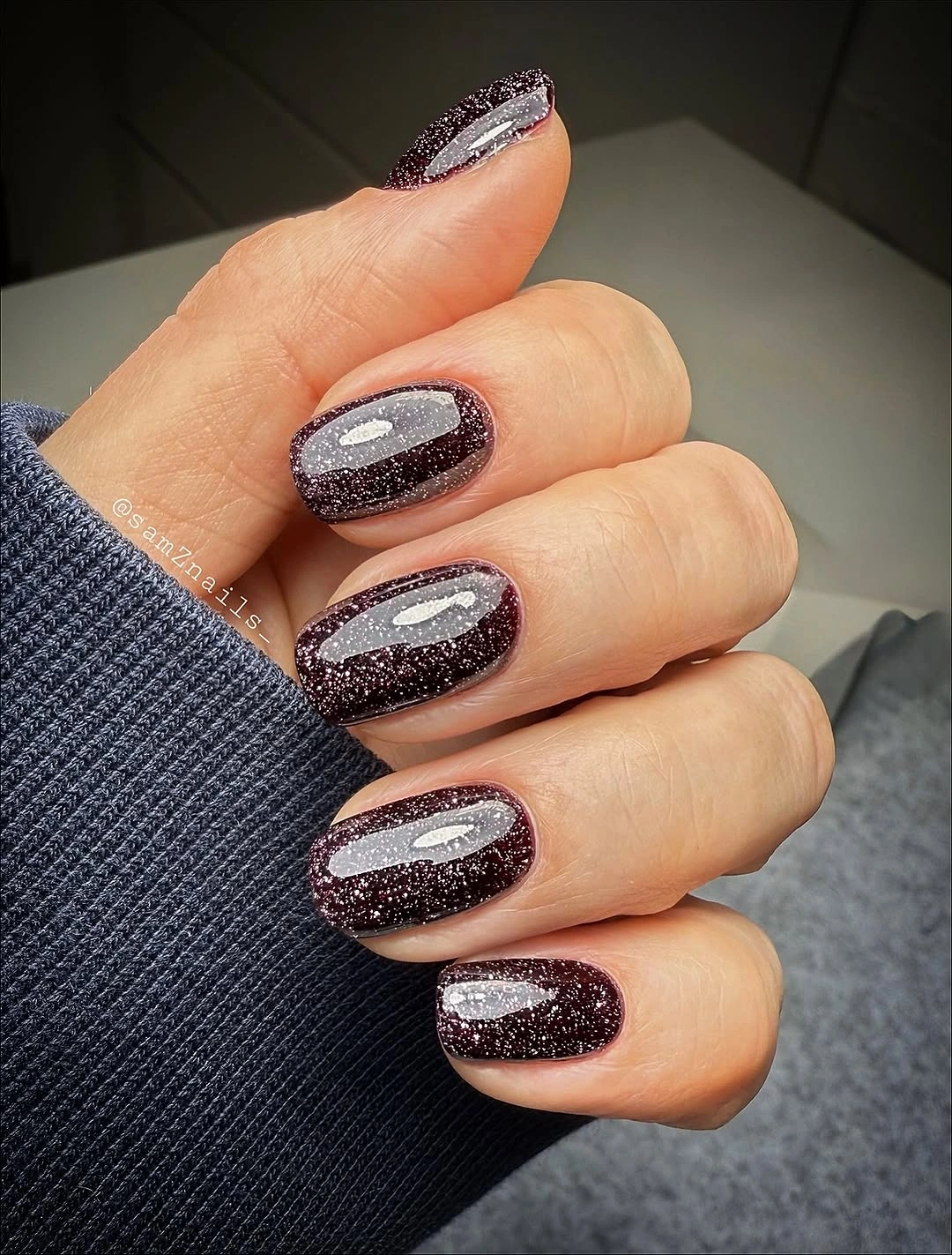 Brown-Plum Nails with Fine Purple Glitter