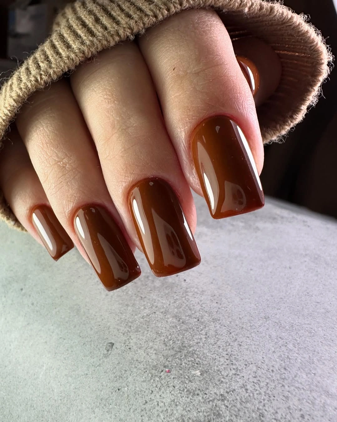 Glossy Chocolate Brown on Short Nails