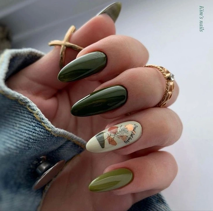 Layered Olive and Forest Green with One Botanical Nail