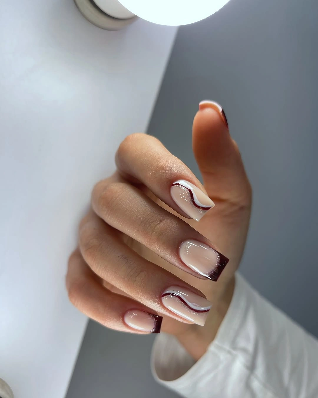Sheer Nude with Burgundy and White Curved French Lines