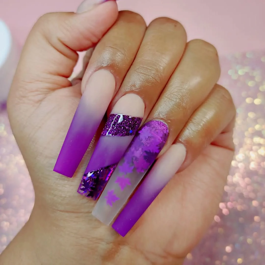 Purple ombre square nails with glitter bands